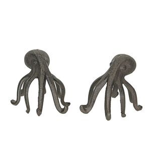 Set of 2 Cast Iron Octopus Bookends - Nautical Decor - Shelf Sculptures